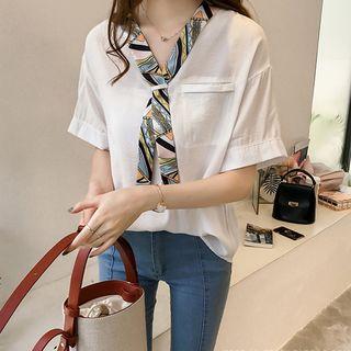 Elbow-sleeve Tie Neck Top