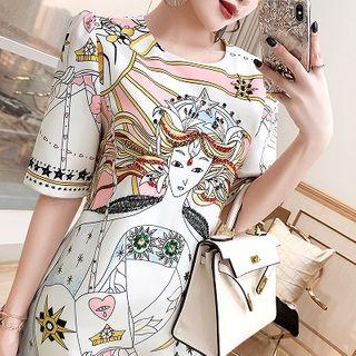 Short-sleeve Rhinestone Cartoon Print A-line Dress