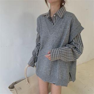 Striped Long-sleeve Loose-fit Shirt / Plain V-neck Knit Vest