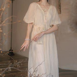 Set: Balloon-sleeve Midi A-line Dress + Slipdress