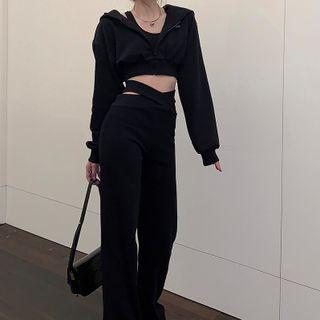 Lettering Hooded Zip Cropped Jacket / Wide Leg Pants