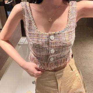 Tweed Fringe Crop Tank Top Yellow & Blue & Black - One Size