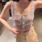 Tweed Fringe Crop Tank Top Yellow & Blue & Black - One Size