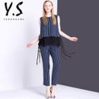 Set: Sleeveless Pinstriped Top + Cropped Straight Fit Pants