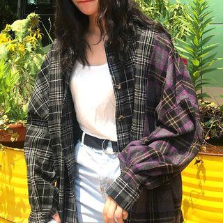 Long Sleeve Plaid Shirt Black, Gray , Purple - One Size