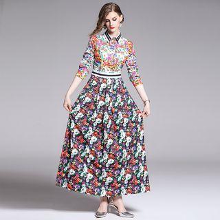 Elbow-sleeve Printed Maxi A-line Dress