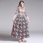 Elbow-sleeve Printed Maxi A-line Dress