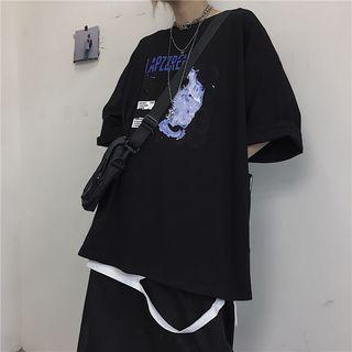 Print Elbow-sleeve T-shirt Black - One Size