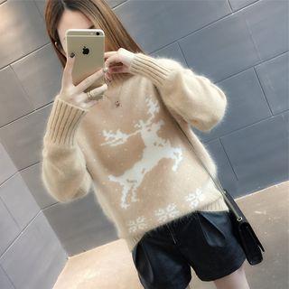 Deer Patterned Mock Neck Sweater