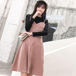 Crew-neck Long-sleeve T-shirt / Corduroy Spaghetti Strap A-line Dress / Set