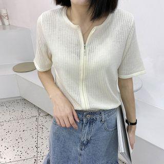 Elbow-sleeve Zip Knit Top