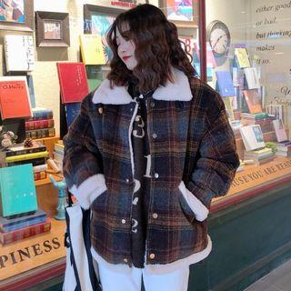 Fleece-lined Plaid Snap Button Jacket Plaid - Red - One Size