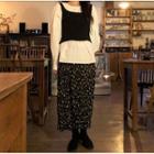Puff-sleeve Blouse / Floral Print Midi A-line Skirt / Ribbed Tank Top