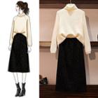 Plain Turtleneck Sweater / Midi A-line Skirt / Set
