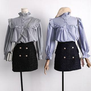 Ruffled-trim Bubble-sleeved Striped Blouse