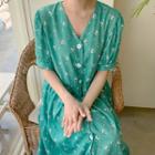 Button-through Long Floral Dress With Sash Light Green - One Size