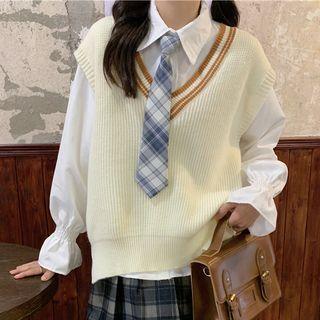 V-neck Knit Vest / Flared-cuff Plain Shirt