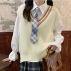 V-neck Knit Vest / Flared-cuff Plain Shirt