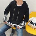 Mock Two-piece Couple Inset Long-sleeved Straight Striped Hooded Panel Sweatshirt