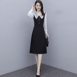 Mock Two-piece Long-sleeve Lace Collar Midi A-line Dress