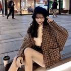 Houndstooth Open-front Jacket / Long-sleeve Plain Shirt
