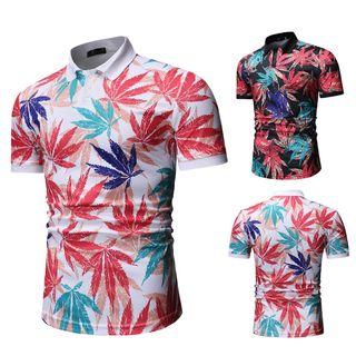 Short-sleeve Polo Collar Leaf Print Top