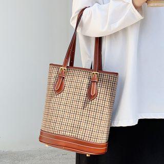 Faux Leather Panel Bucket Tote Bag