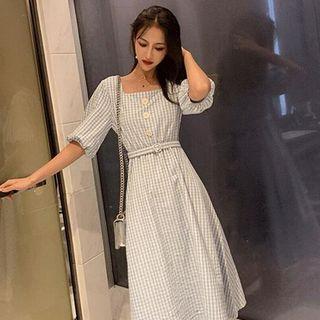 Elbow-sleeve Buttoned Checker A-line Midi Dress