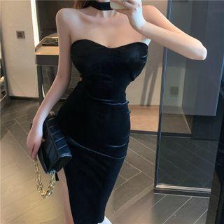 Off-shoulder Velvet Slit Midi Sheath Dress