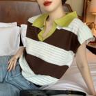 Lapel Contrast Trim Pointelle Striped Knit T-shirt Coffee & White - One Size