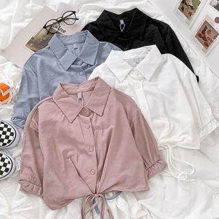 Short-sleeve Plain Drawstring Shirt