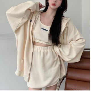 Lettering Cropped Tank Top / Hooded Zip Jacket / Mini Skirt