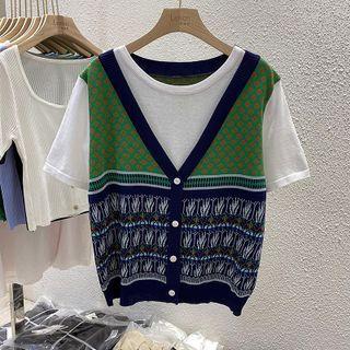 Mock Two-piece Color Block Panel Knit Top Green - One Size