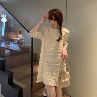 Elbow-sleeve Striped Lace Mini Shift Dress
