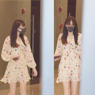 Long-sleeve Floral Lace-up A-line Mini Dress