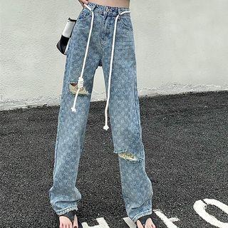 High Waist Wide Leg Drawstring Jeans