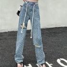 High Waist Wide Leg Drawstring Jeans