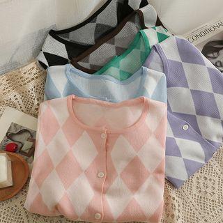 Argyle Crew-neck Light Knit Cardigan In 6 Colors