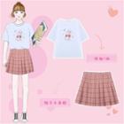 Rabbit Print Short-sleeve T-shirt / Plaid Mini Pleated Skirt