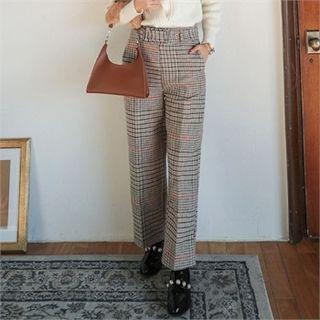 Glen-plaid Napped Wide-leg Pants With Belt