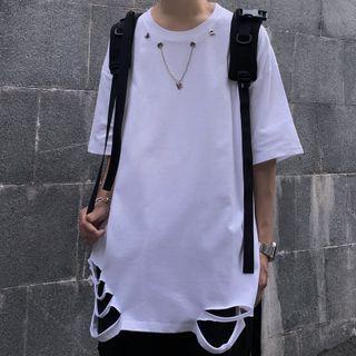 Elbow-sleeve Ripped T-shirt With Chain