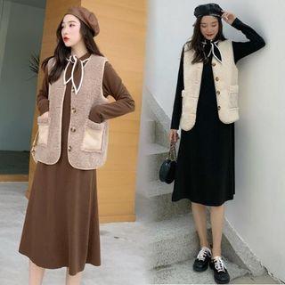 Faux Shearling Buttoned Vest / Ribbon Long-sleeve A-line Midi Dress