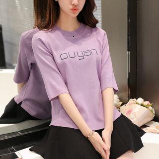 Lettering Elbow Sleeve Knit Top