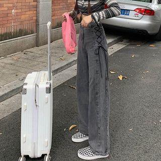High-waist Tie-strap  Denim Shift Wide-leg Pants