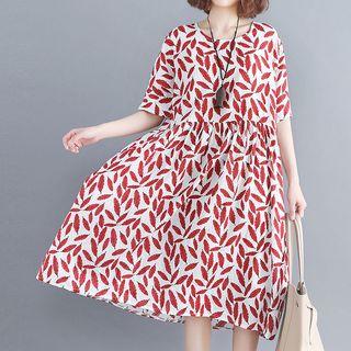 Short-sleeve Leaf Print Midi Dress Red Leaves - White - One Size