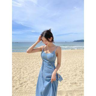 Lace-up Back Denim Sundress Blue - One Size