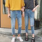 Couple Matching Cut-out Crop Washed Jeans