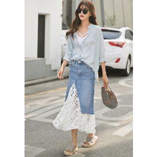 Lace-detail Denim Long Skirt