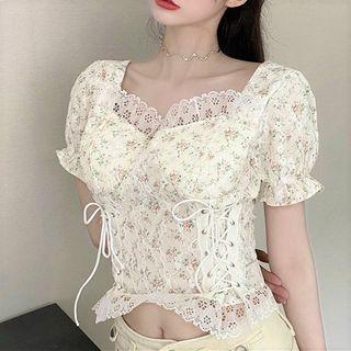 Puff-sleeve Square-neck Lace-trim Floral Chiffon Blouse White - One Size