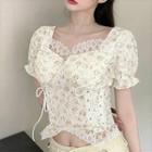 Puff-sleeve Square-neck Lace-trim Floral Chiffon Blouse White - One Size